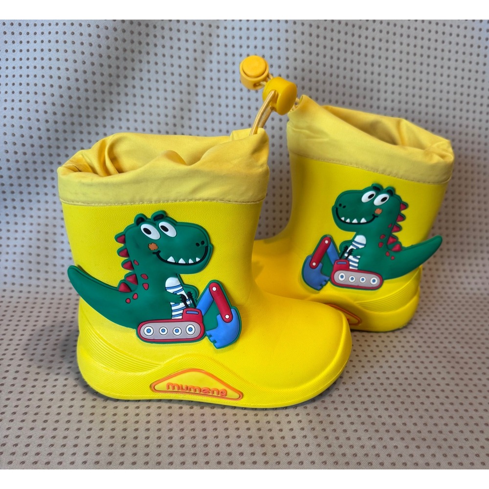 Mumeng Kids Yellow Dinosaur Excavator Rain Boots Waterproof Drawstring US 6